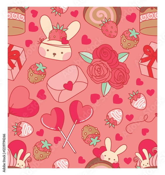 Fototapeta Scrapbook, fundo, patterns, padrão de repetição, estampa, frutas, morango, corações, dia dos namorados, flores, valentine's