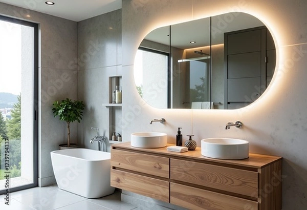 Fototapeta 反射するアーチ型薬棚：モダンな浴室鏡のシーン、明るいインテリアデザイン、現代的なスタイル、エレガントな反射、ミニマリストの装飾、機能的な収納、クリアなインテリアビュー。
