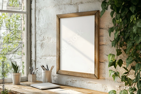 Fototapeta Wooden Frame Mockup: A rustic wooden frame mockup on a desk near a window, showcasing a blank canvas perfect for showcasing your artwork, design, or photography.