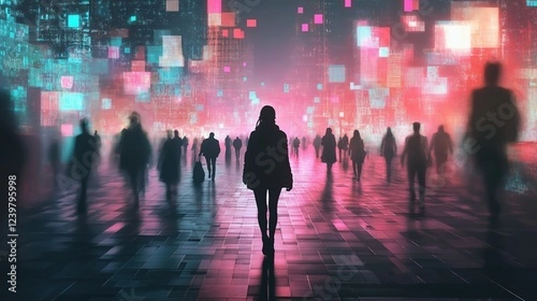Fototapeta A woman walks down a street in a city with a group of people behind her