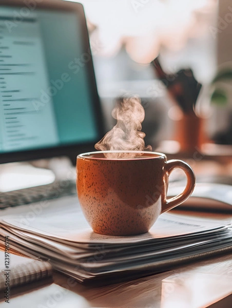 Fototapeta Cozy Workspace: Steam rises from a warm mug of coffee, resting on a stack of papers beside a laptop, creating a comfortable and productive atmosphere in a home office. 