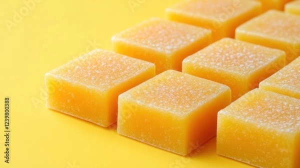 Fototapeta Close-up of several square-shaped, yellow, sugary candies arranged on a yellow background.