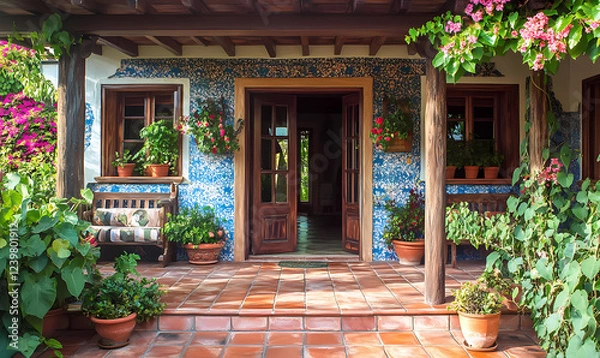 Fototapeta Home Constructed with a Unique Blend of Natural Materials, Combining Comfort and Eco-Friendly Living