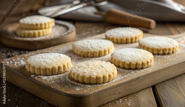 Obraz Powdered sugar shortbread cookies on wooden board
