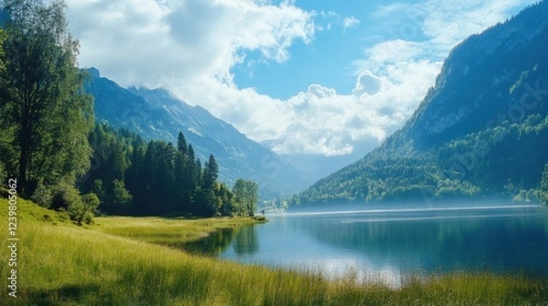 Fototapeta Majestic lake surrounded by mountains and lush greenery under a bright blue sky in a serene natural setting. Generative AI