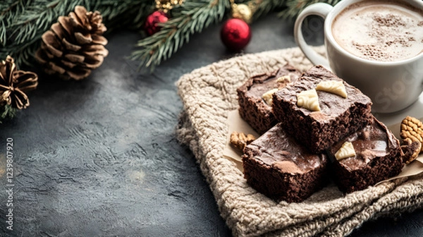 Fototapeta Christmas Brownie Indulgence: Rich, fudgy brownies topped with white chocolate chunks, nestled on a cozy knitted surface next to a steaming mug of hot chocolate and festive decorations.