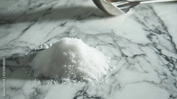 Fototapeta A heap of fine white sugar on a marble countertop, with a silver measuring scoop resting nearby, showcasing clean textures and details.