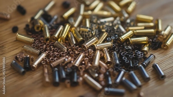 Fototapeta An assortment of bullets of various calibers scattered across a wooden table, with a focus on the intricate details of the casing.