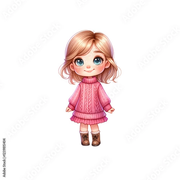 Obraz Cute cartoon girl with a pink sweater and stylish boots, perfect for children's illustrations or digital art projects.