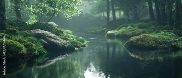 Fototapeta Tranquil Forest Stream with Moss Covered Rocks and Lush Greenery