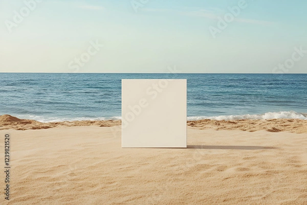 Fototapeta Blank Canvas Beach Scene: A pristine white canvas stands on a sandy beach, facing a calm ocean under a clear sky.