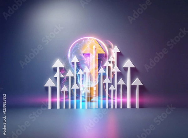 Fototapeta A double exposure image showcases a golden arrow rising above a cluster of white arrows, set against a dark background with vibrant neon lighting.  The central arrow glows brightly, symbolizing growth