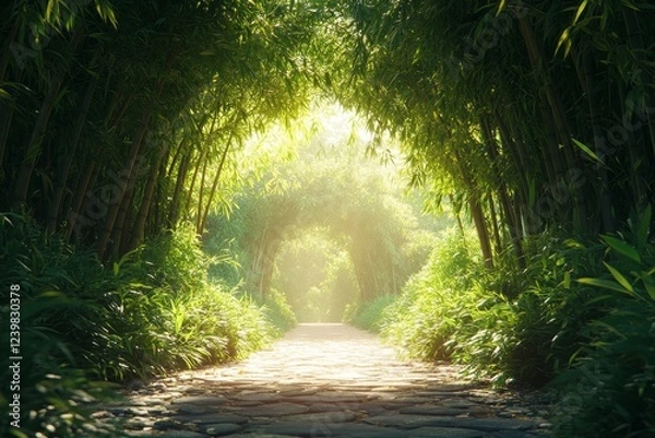 Fototapeta Sunlit bamboo path, garden, peaceful, nature, tranquility, meditation, background