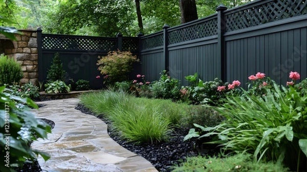 Fototapeta A garden with a black fence and a path