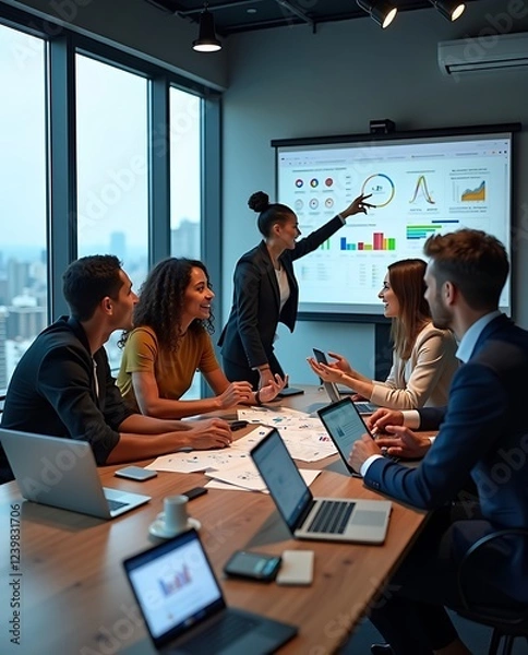 Fototapeta Business professionals in a modern conference room engaged in a strategy meeting, discussing financial reports and data analysis on a large presentation screen, teamwork in action

