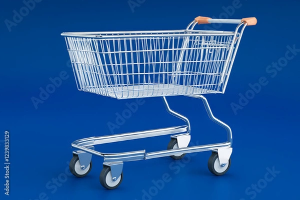 Fototapeta Shopping Cart on Blue: A chrome shopping cart stands empty against a vibrant blue background, ready for a shopping spree. The image is clean, simple, and perfect for illustrating retail concepts.