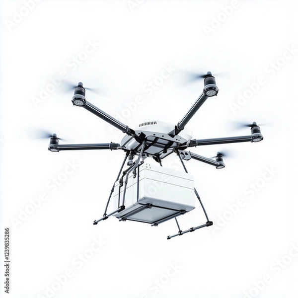 Fototapeta A close-up of a delivery drone flying while carrying a white box.  Isolated on white background.