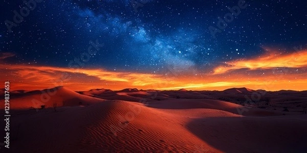 Fototapeta Serene Desert Landscape at Night with Stars and Colorful Sky