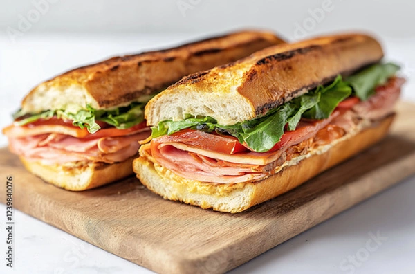 Fototapeta Ciabatta Sandwich with Lettuce, Tomatoes, Ham and Cheese cut in half