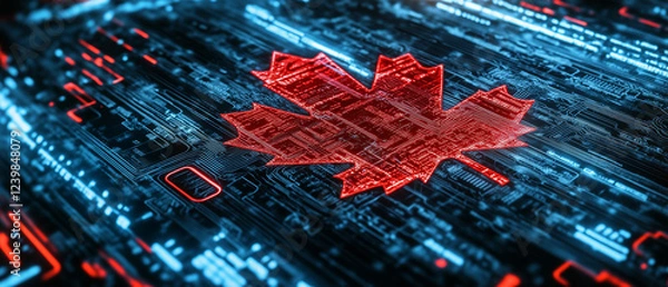 Obraz A glowing red maple leaf, symbolizing Canada, is integrated into a futuristic blue and red circuit board, representing technology and innovation.