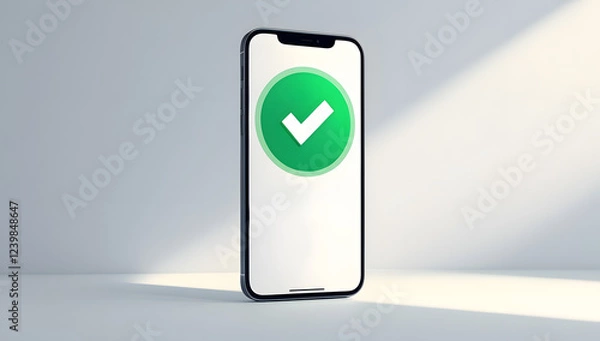 Obraz check mark on green round circle isolated on smart phone display security protection concept