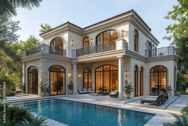Fototapeta 3D Rendering of a Luxury Villa with a Sparkling Swimming Pool