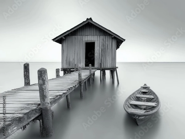 Fototapeta Long exposure image of old abandoned fisherman jetty in black and white  - ai