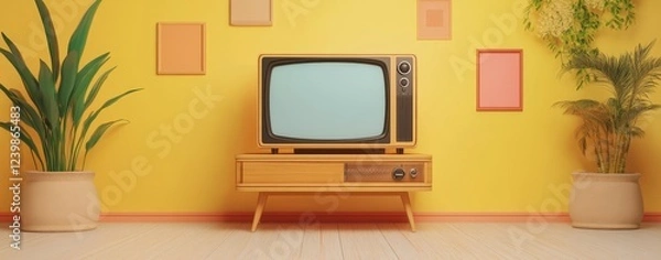 Obraz Retro TV in Yellow Room with Plants.