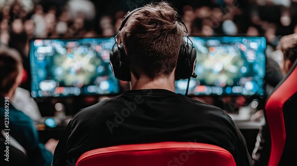 Fototapeta Competitive gamers focus on intense matches at an esports event with large audience in the background