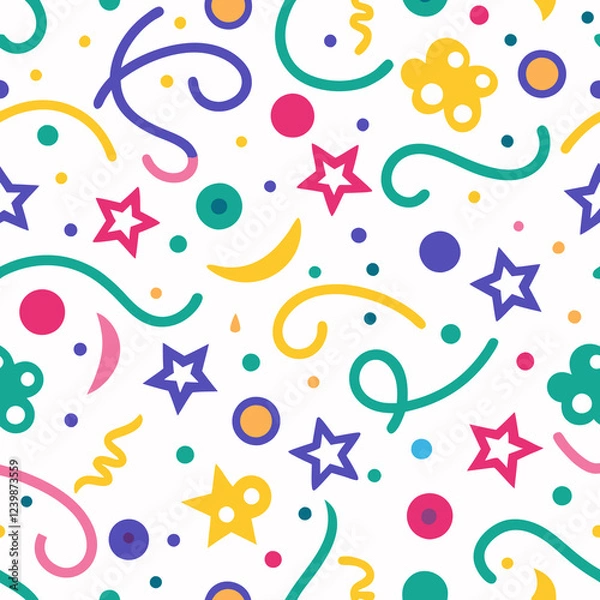 Fototapeta Here's a description and keywords for your image.. Festive confetti pattern with stars, swirls, and dots on white background.