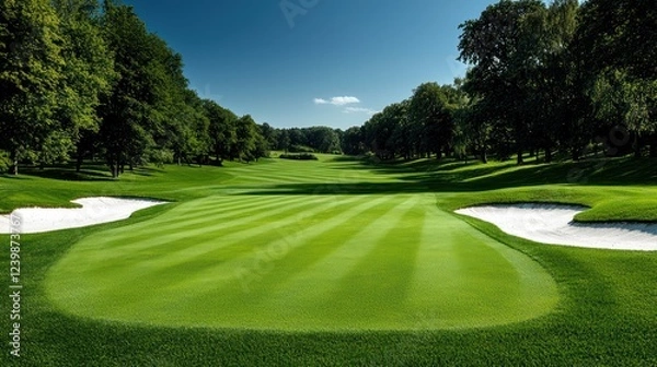 Obraz A serene golf course landscape featuring manicured grass and sand traps.