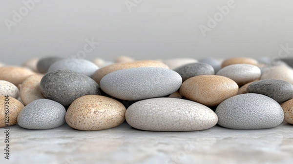 Fototapeta A collection of smooth pebbles arranged on a white background, symbolizing balance, simplicity, and natural harmony. Modern blurred empty space on the side offers room for creative captions.

