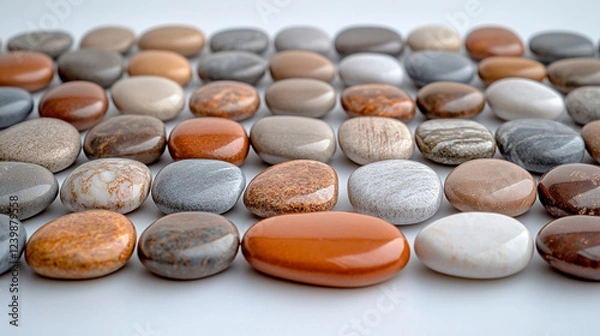 Fototapeta A collection of smooth pebbles arranged on a white background, symbolizing balance, simplicity, and natural harmony. Modern blurred empty space on the side offers room for creative captions.

