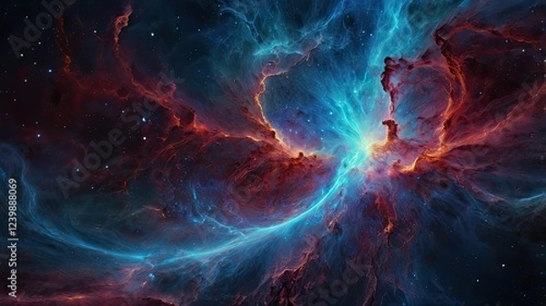 Fototapeta A vibrant nebula in space featuring a striking red and blue star generative ai