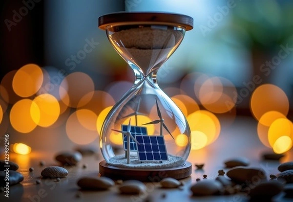 Fototapeta An hourglass filled with sand, miniature solar panels wind turbines and a house, symbolizing the urgency of sustainable energy solutions and a sustainable future.