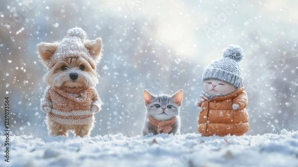 Fototapeta 50.A cheerful winter scene featuring a fluffy dog in a knitted sweater and scarf, a piglet wearing a woolen hat and cozy coat, and a cat bundled up in a puffy jacket, all standing in a snowy field
