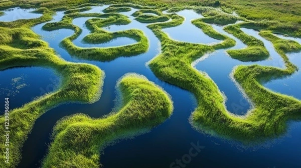 Fototapeta 29.A mesmerizing aerial scene of elephants walking in single file through a maze of winding waterways in the Okavango Delta, with shimmering reflections of the sky in the water and patches of tall