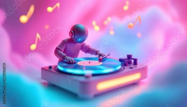 Obraz Neon Dj Robot Mixing Music in a Dreamy Cloud Setting