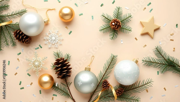 Fototapeta Christmas decorations concept. Top view photo of white transparent gold and green baubles snowflake pine cone star ornaments spruce branches and confetti on isolated beige background with copyspace,