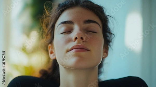 Fototapeta Serene young woman with closed eyes in tranquil reflection enjoying the peace