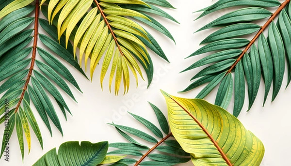Fototapeta Palm leaves, palm branches, abstract drawing, tropical leaves, craft clay. isolated with white shades