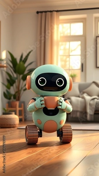 Fototapeta Adorable Pastel Companion Robot with Expressive Digital Eyes Serving Tea in Scandinavian Living Room