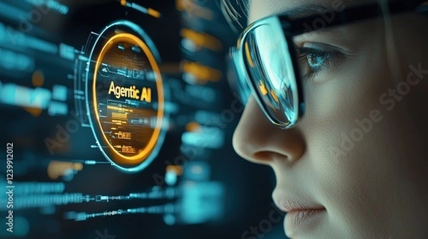 Obraz Businesswoman Analyzing Data with Agentic AI Assistant Technology