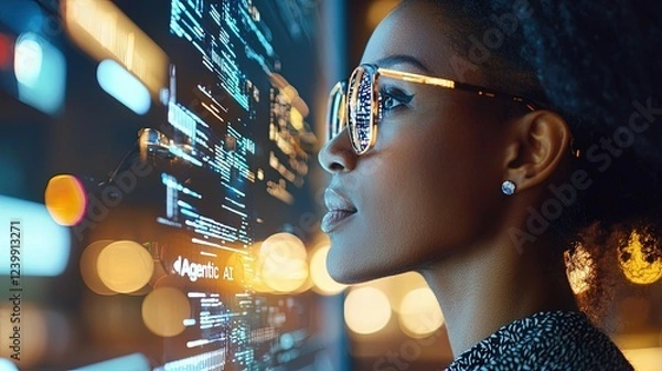 Obraz Businesswoman Analyzing Data with AI Assistant in Urban Setting