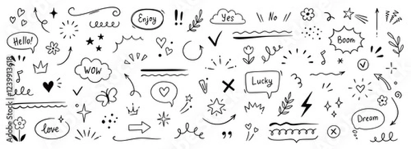 Fototapeta Cute line sketch star, arrow, cloud decoration element icon set. Hand drawn sketch doodle cute star, heart, flower element. Line text decoration scribble shape icon. Hand drawn Vector illustration.