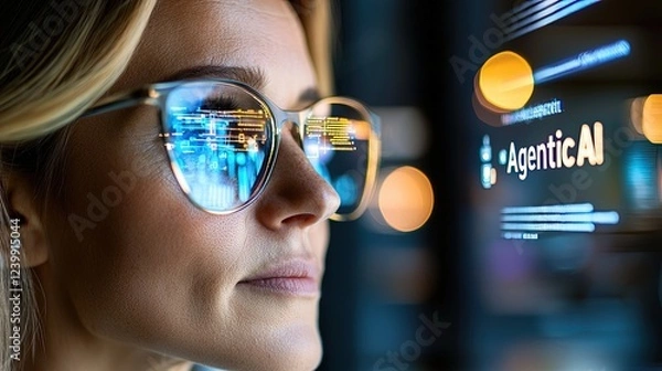 Obraz Businesswoman Analyzing Data with AI Assistant in Modern Setting