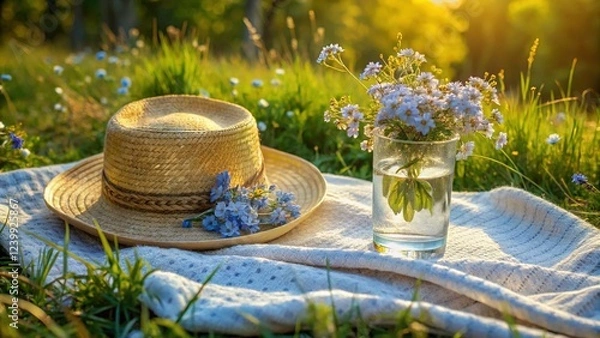 Fototapeta Summer Picnic: White Cotton Blanket, Forget-Me-Nots, Straw Hat & Water