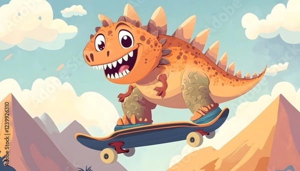 Fototapeta Happy Dinosaur Skateboarding Over Mountains