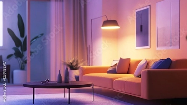 Fototapeta Modern living room with orange sofa, coffee table, and warm ambient lighting creates a cozy and inviting space