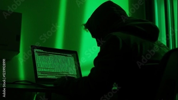 Fototapeta A hooded figure types on a laptop with green screen code in a dark room